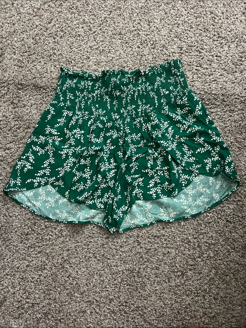 Lush Emerald Green Floral High-Waist Smocked Shorts